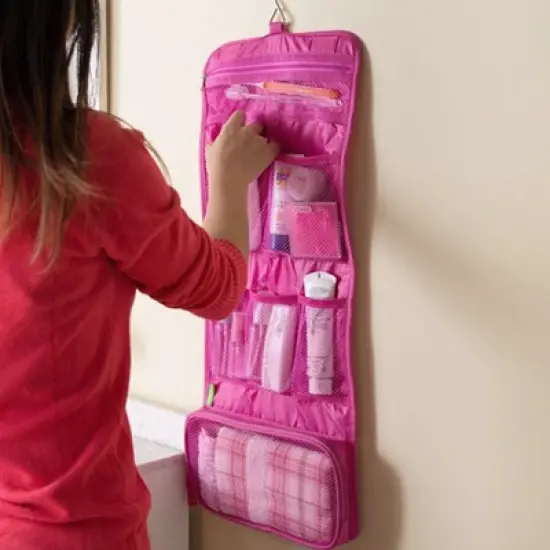 Unique Bargains Hanging Organizer 7 Pockets Cosmetic Wash Case Toiletry Storage Canvas Bag Pink image {5}