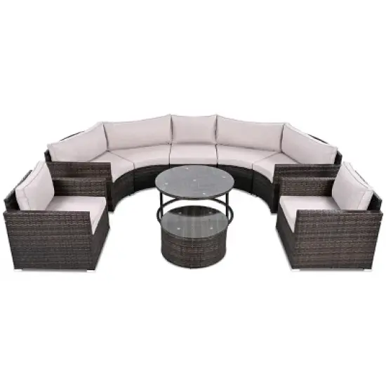 9 Piece Modern Wicker Half-Moon Patio Sectional Sofa Set,Round Rattan Garden Sofa with Cushion,Modular Wicker Patio Conversation Sets-Coolbibila image {2}