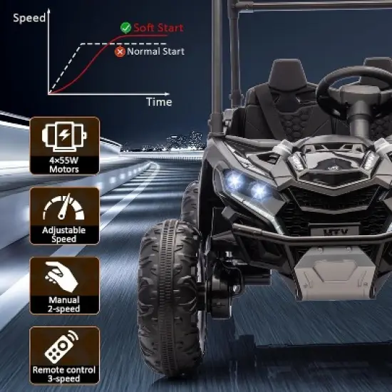 24V Kids Ride On UTV, 2 Seater 4WD Electric Truck with Sun Shade, Remote Control, Led Lights, 4 Shock Absorbers,3 Speeds,Horn, Music image {1}