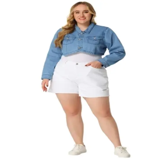 Agnes Orinda Women's Plus Size Classic Denim Long Sleeve Washed Jean Cropped Jacket image {2}
