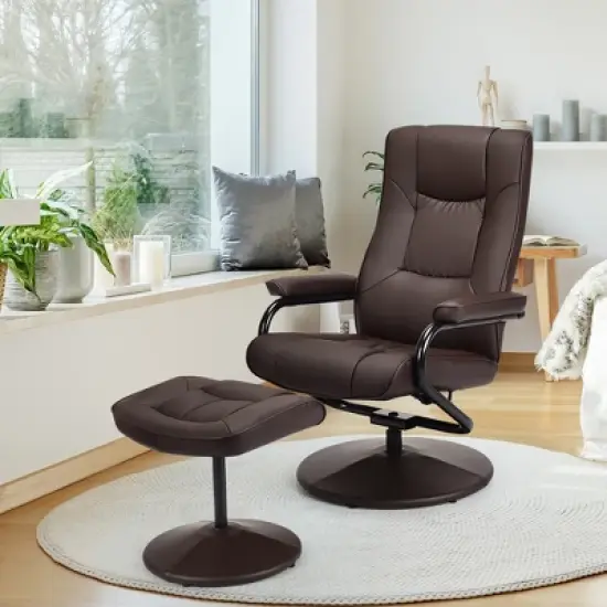 Costway Recliner Chair Swivel PU Leather Lounge Accent Armchair w/ Ottoman Brown image {3}