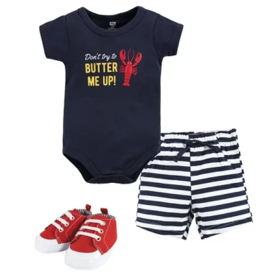 Hudson Baby Infant Boy Cotton Bodysuit, Shorts and Shoe Set, Butter Me Up Lobster image {9}