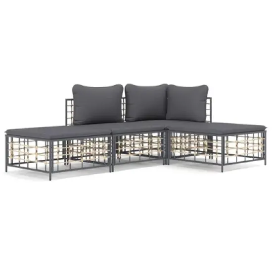 vidaXL 4-Piece Outdoor Patio Lounge Set - Anthracite Poly Rattan with Dark Gray Cushions for Garden, Terrace, Deck image {9}