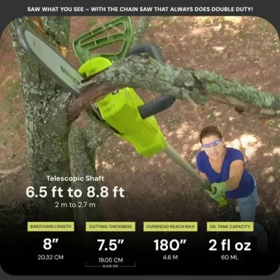 Sun Joe 8 Inch Electric Convertible Pole Chain Saw, 2-in-1 Lightweight Cutting Tree Trimming Tool with Telescoping Handle, 6 Amp Motor, Green, SWJ805E image {2}