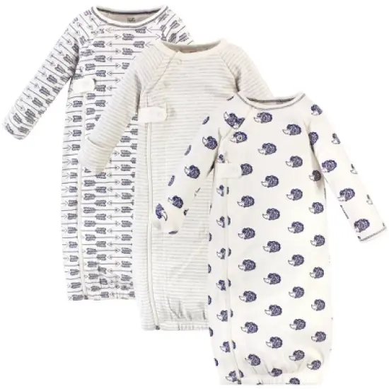 Touched by Nature Baby Boy Organic Cotton Zipper Long-Sleeve Gowns 3pk, Hedgehog Side Zipper image {1}