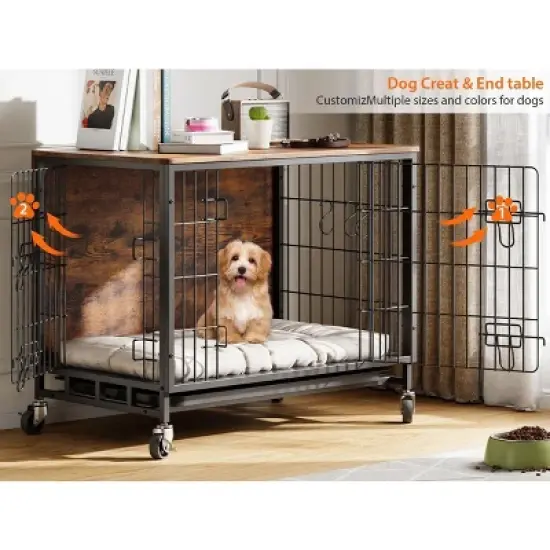 Acekool 32.5" Rustic Dog Crate & Side Table - Wood Kennel with Wheels for Medium/Large Dogs (138 characters) image {2}