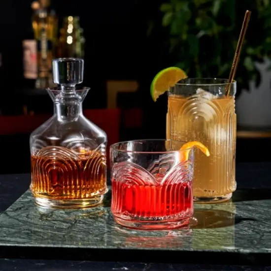 Viski Beau Stacking Decanter Set with Lowball Glasses - Crystal Decanter and Glasses for Whiskey - Art Deco Cocktail Glasses Whiskey Decanter Set of 3 image {3}