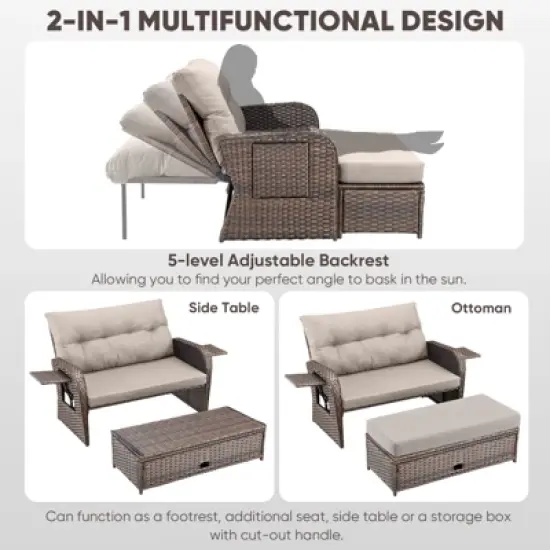 Outdoor Patio Double Lounge Chair with Ottoman image {6}