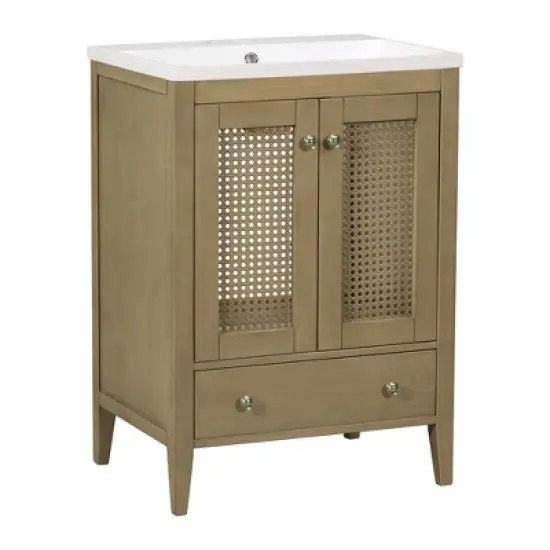 24" Bathroom Vanity with Ceramic Basin, Two Doors and Drawers, Natural - ModernLuxe image {5}