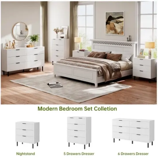 Wave Fluted 5 Drawer Dresser for Bedroom, Tall Dresser Chest of Drawers, Wood Storage Dresser Organizer for Nursery Bedroom Living Room, White image {5}
