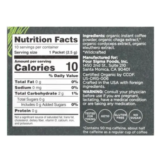 Four Sigmatic Protect, Instant Organic Coffee with Chaga & Cordyceps Mushrooms, Medium Roast, 10 Packets, 0.09 oz (2.5 g) Each image {1}