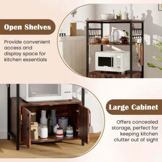 Costway 3-Tier Kitchen Baker&rsquo;s Rack with Cabinet 2 Open Shelves 10 S-Shaped Hooks image {8}