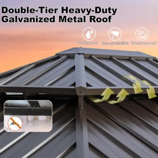 Costway 12 X 10/12 X 12 FT Hardtop Gazebo with  Netting Heavy-Duty Double-Roof Galvanized Metal Top image {9}