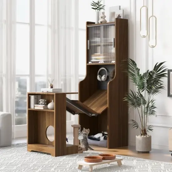 Modern Cat House Furniture with Extendable Desk, Pet Friendly Gaming Desk with Storage, Space-Saving Workstation with Cat Bed & Scratching Post image {1}
