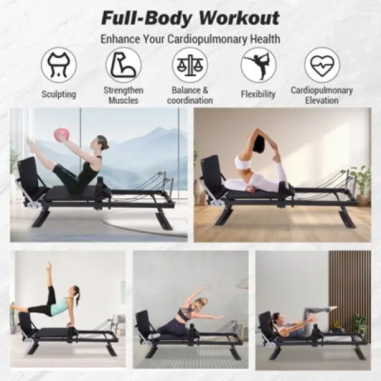COZONY Pilates Reformer Machine with Wheels, Adjustable Headrest & Armrests, 2 Resistance Band Sets,  300 lb Capacity image {6}