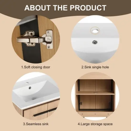 Single Sink Bathroom Vanity, With 2 Soft Closing Doors, Bathroom Vanity With Top Sink, Modern Bathroom Storage Cabinet image {6}