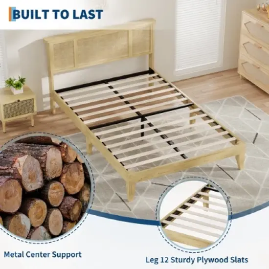 Garvee Bed Frame with Natural Rattan Headboard, Wood Slat Support, Metal Base image {4}