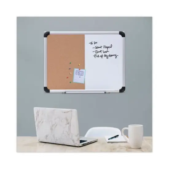 Universal Cork/Dry Erase Board, Melamine, 24 x 18, Tan/White Surface, Gray/Black Aluminum/Plastic Frame image {6}