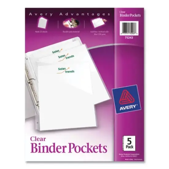 Avery Binder Pockets, 3-Hole Punched, 9.25 x 11, Clear, 5/Pack image {7}