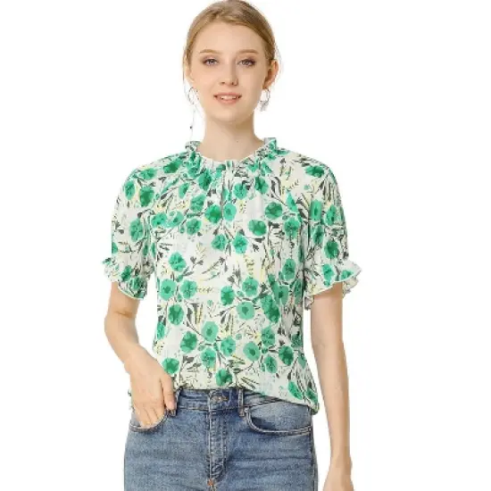 Allegra K Women's Floral Ruffled Short Sleeve Mock Neck Blouses image {6}