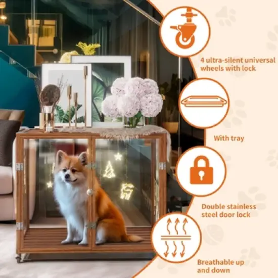 Artloge Modern Extra Large Heavy Duty Dog Crate Tempered Glass Brown Pet Cage with Anti-Rust Aluminum Frame Lockable Casters & Spacious Interior,L image {7}