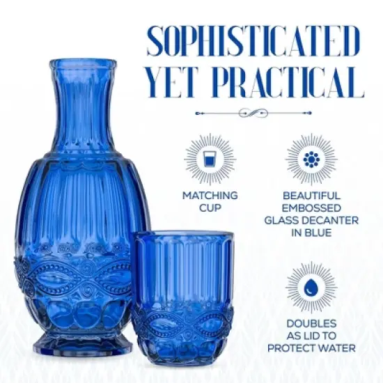 Elle Decor Bedside Water Carafe with Tumbler, 33-Ounce Pitcher and Matching Drinking Glass, Use Cup as a Lid for Carafe, Blue image {2}
