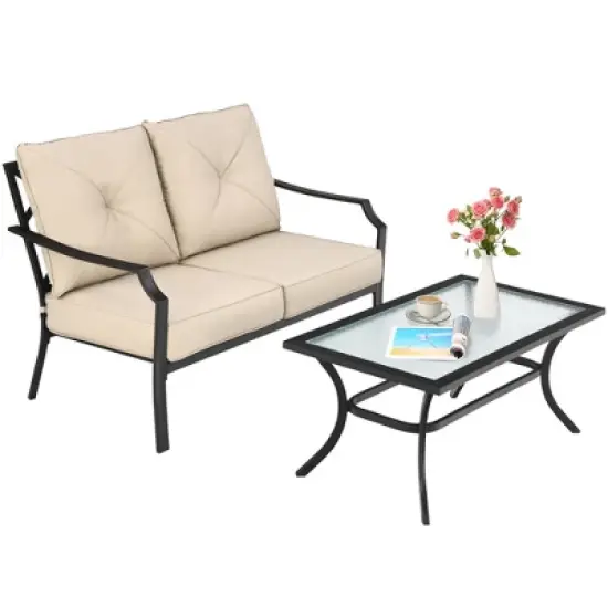 Costway 2 PCS Patio Loveseat with Coffee Table Outdoor Sofa Bench with Cushions image {2}