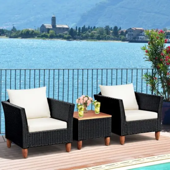 Tangkula 3-Piece Wicker Patio Furniture Set Outdoor Conversation Set w/ Cushions & Coffee Table image {2}