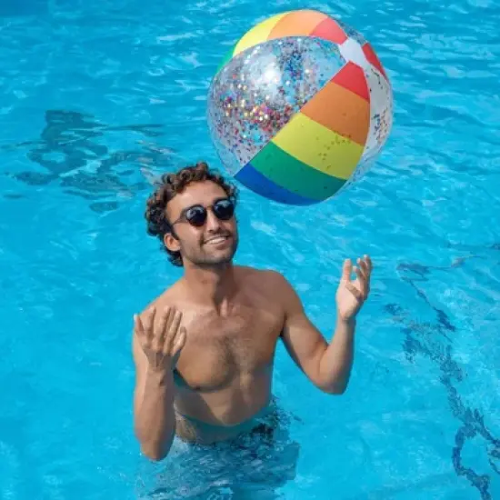 PoolCandy Inflatable Jumbo Beach Classic Rainbow Glitter Ball Ultra Durable Fun In The Sun For Hours Great For Pools, Lakes, And More image {4}