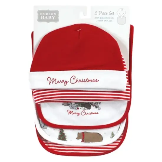 Hudson Baby Unisex Baby Cotton Bib and Headband or Caps Set, Christmas Forest, One Size image {1}
