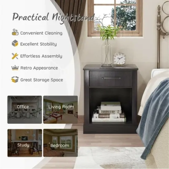 Costway 2PCS Nightstand with Drawer and Shelf Rustic Wooden Bedside Table Bedroom Brown / Natural / Black image {7}