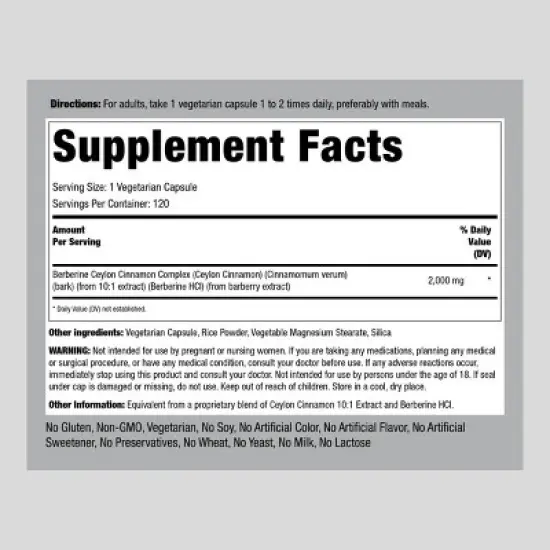 Piping Rock Berberine Ceylon Cinnamon Complex 2000 mg | 120 Capsules image {1}