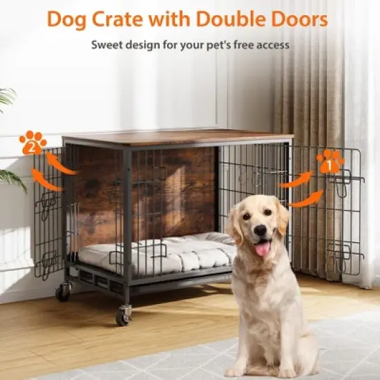 2 in1 Furniture Style Dog Crate, MDF Metal Dog Crate, Indoor Pet Kennel Cage with Shelves & Moveable Tray & Wheels, Puppy House for Home, Farmhouse image {3}