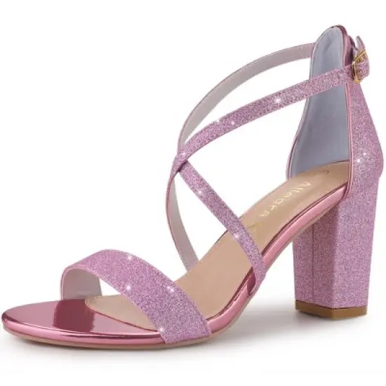 Allegra K Women's Glitter Crisscross Strap Block Heels Sandals image {14}