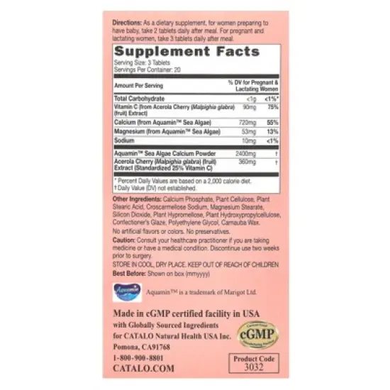 CATALO Vegetarian Calcium Formula, Prenatal Algae Calcium with Acerola Vitamin C, 60 Vegetarian Tablets image {1}