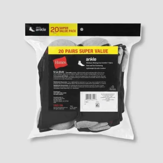 Hanes Men's Lightweight Comfort Super Value Ankle Socks - 20Pk image {3}