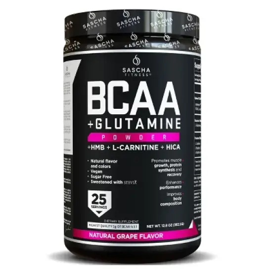 Sascha Fitness BCAA 4:1:1 with Glutamine, HMB, L-Carnitine, HICA | Natural Grape Flavor 12.8 oz image {4}