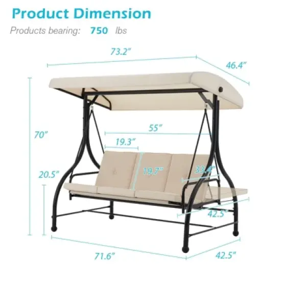 COWLOWN Beige Convertible Porch Swing Chair with Canopy, Adjustable Backrest, Patio Daybed with Cushions for Adults image {3}