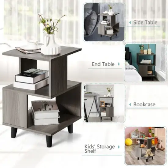 Costway 2 PCS Nightstand Set Modern Side End Table Storage Shelf Grey image {9}