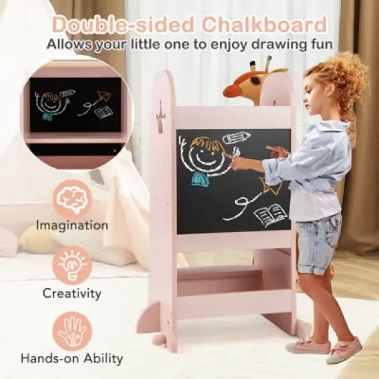 Costway Multi-purpose Kids Kitchen Tower Children Standing Tower Kids Stool Helper White/Pink image {7}