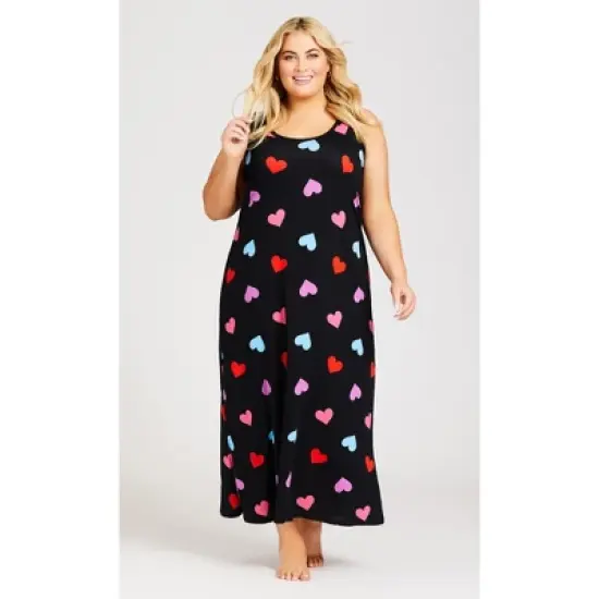Women's Plus Size Heart Print Maxi Sleep Dress  - Black | AVENUE image {3}