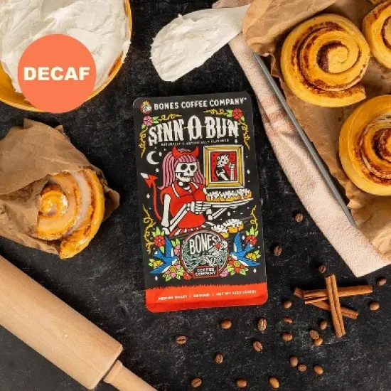 Bones Coffee Company Cinnamon Roll Flavored Medium Roast Decaffeinated Coffee 12 oz (Whole Bean) image {3}