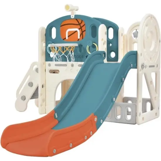 HDPE Kids Slide Playset Structure, Freestanding Castle Climbing Crawling Playhouse with Slide, Arch Tunnel, Ring Toss, and Basketball Hoop image {6}