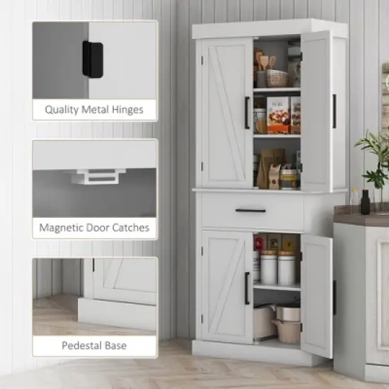HOMCOM 72" Tall Kitchen Pantry Storage Cabinet, Farmhouse Freestanding Kitchen Cabinet with Barn Doors, Drawer and Adjustable Shelves, White image {4}