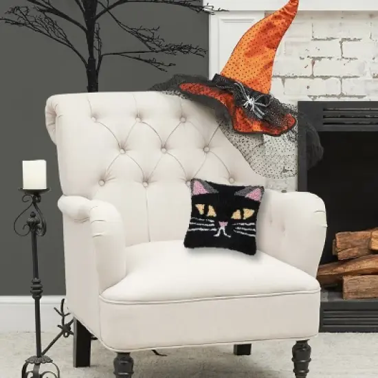C&F Home 8" x 8" Spooky Cat Face Hooked Petite Halloween Throw Pillow image {4}