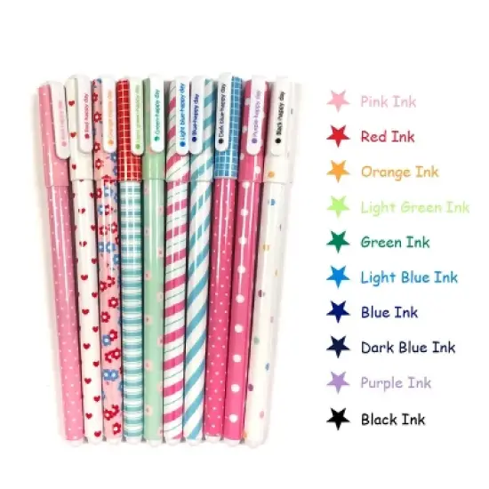 Wrapables Cute Novelty Gel Ink Pens, 0.5mm Fine Point (Set of 10) for School, Office, Stationery, Hearts & Stripes Multicolor Ink image {2}
