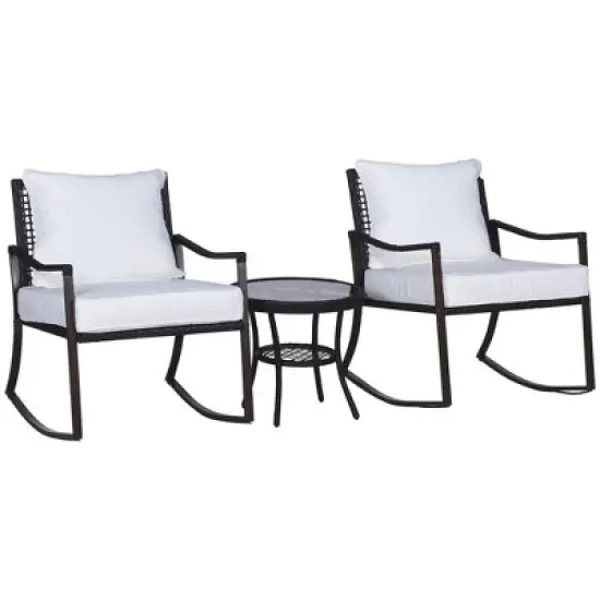 Outsunny 3-Piece Bistro Set Outdoor Wicker Furniture Set with Rattan Rocking Chair, Side Table for Patio Backyard Garden and Balcony image {3}