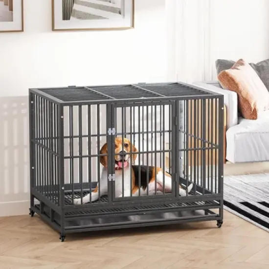 PawHut Heavy Duty Dog Crate Dog cage Kennel with Lockable Wheels, Double Door and Removable Tray, Grey image {2}