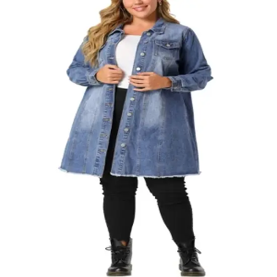 Agnes Orinda Women's Plus Size Long Sleeve Raw Hem Long Denim Jacket image {1}