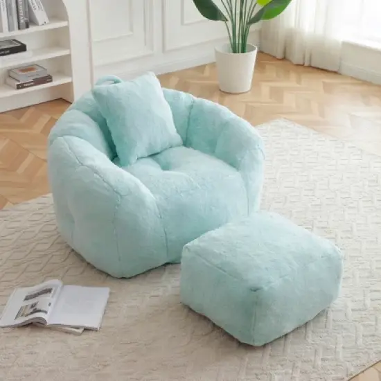 Giant Bean Bag Chair withFootstool, Oversized Bean Bag for Adults and Kids, Polyester Shell-Shaped Large Chair with Filler, Stuffed Big Accent Sofa image {1}